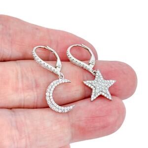 Vintage Sterling Silver 925 Star & Moon Mismatched Celestial Dangle Earrings